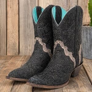 NEW Corral Black Embossed Floral Lace Studded Western Ankle Boots 7.5 M Cowgirl